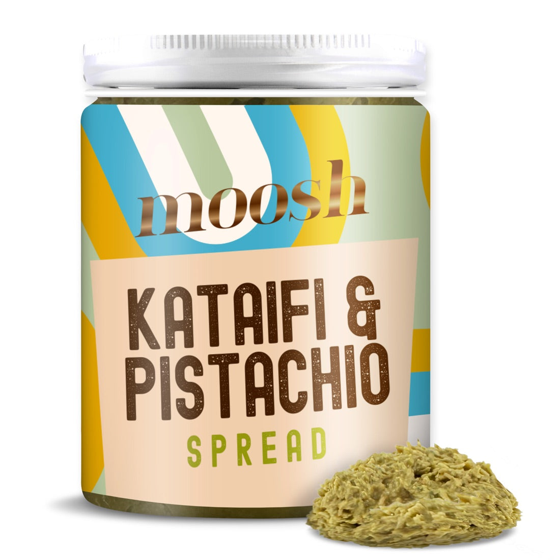 Moosh 6 oz glass jar with the original label reading Kataifi and Pistachio Spread